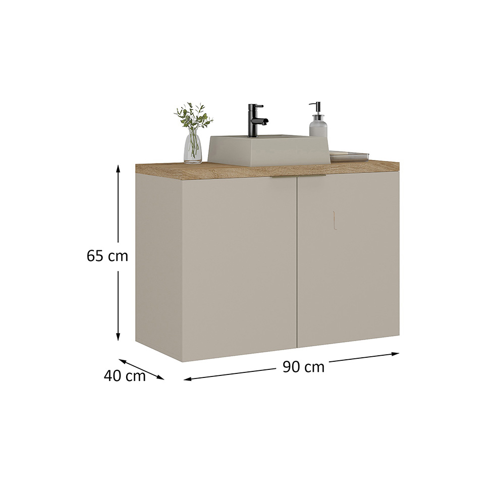 Gabinete de Banheiro Nature 2 Portas Nude e Carvalho 90 cm
