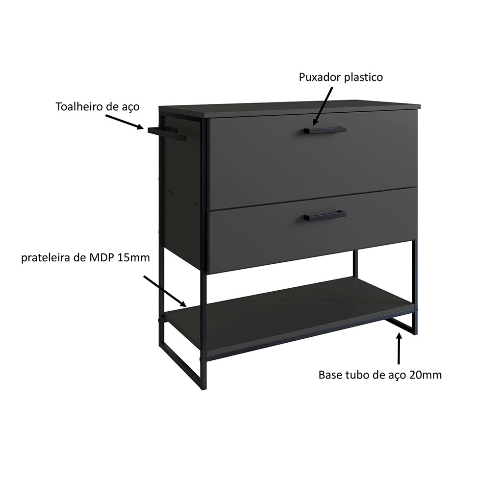 Gabinete de Banheiro Paricel 1 PT 1 GV Grafite e Preto