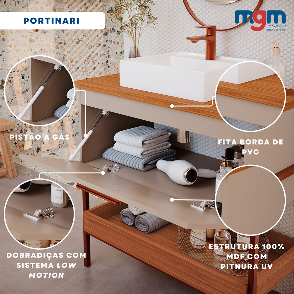 Gabinete de Banheiro Portinari 1 PT Capuccino e Freijó 65 cm