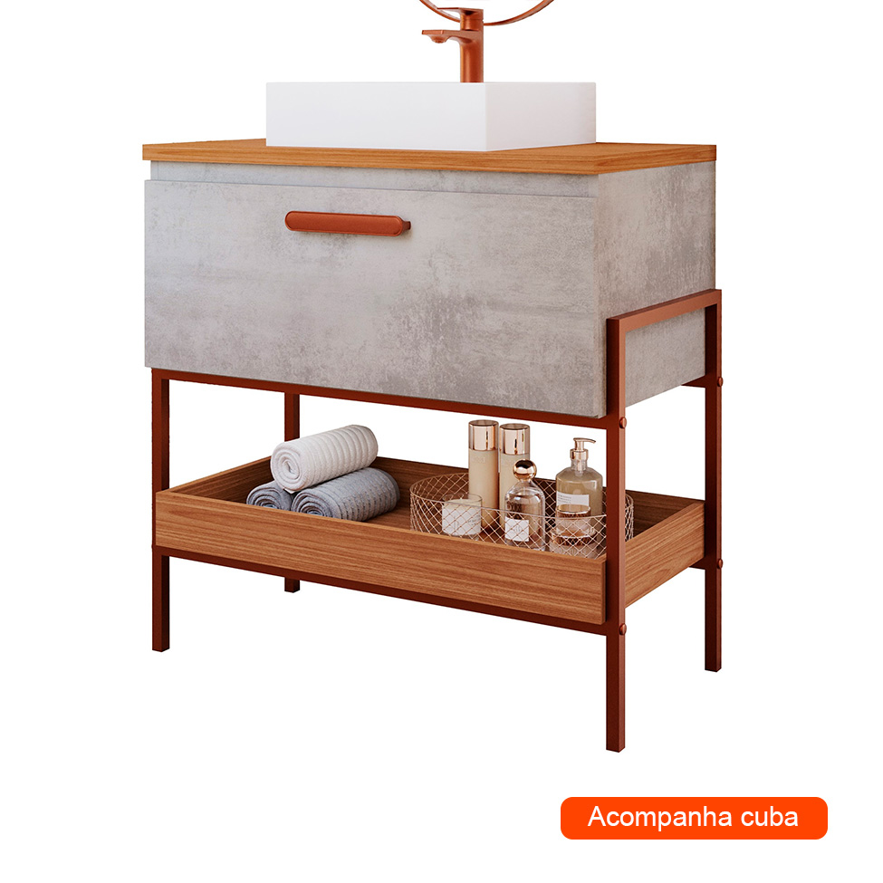 Gabinete de Banheiro Portinari 1 PT Cimento e Freijó 65 cm