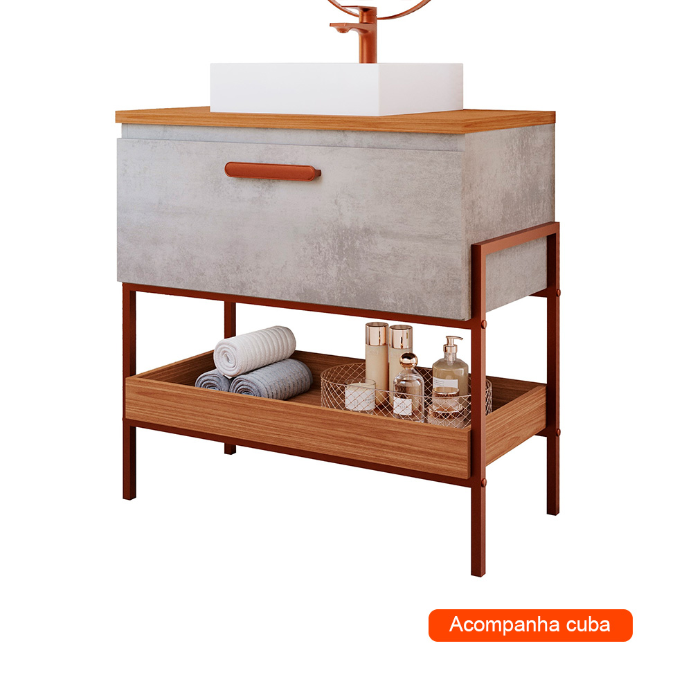 Gabinete de Banheiro Portinari 1 PT Cimento e Freijó 85 cm