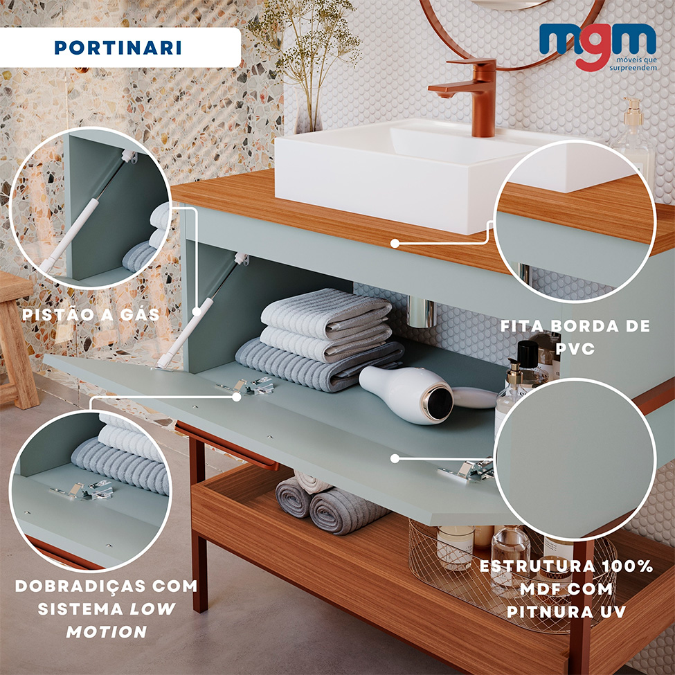 Gabinete de Banheiro Portinari 1 PT Pistache e Freijó 65 cm