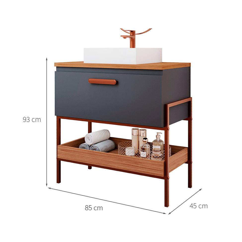 Gabinete de Banheiro Portinari 1 PT Titanium e Freijó 85 cm