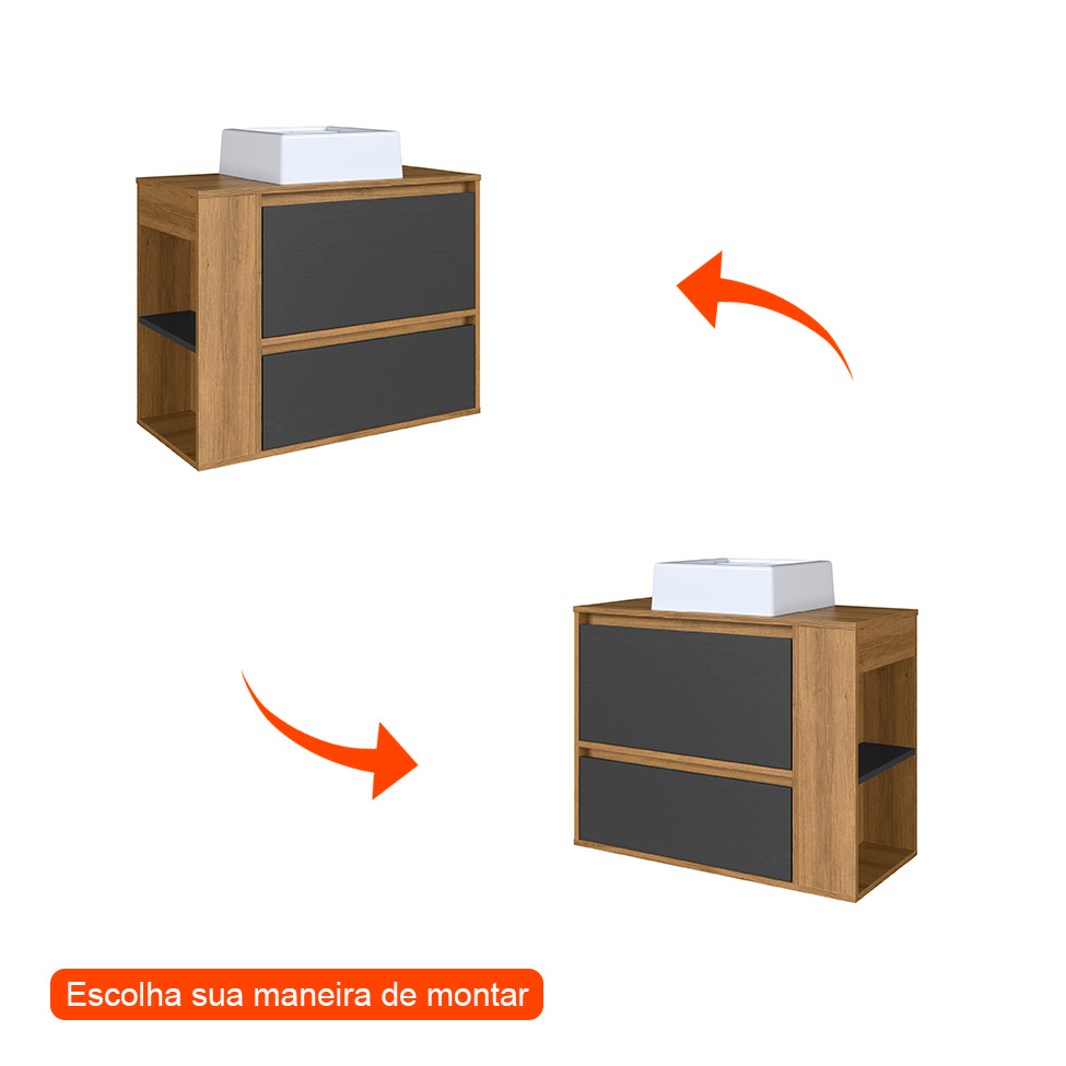 Gabinete de Banheiro Suspenso Com Cuba Estela 1 PT 1 GV Mel e Grafite