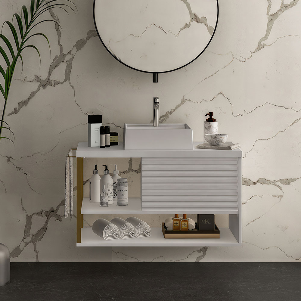 Gabinete de Banheiro Urban 1 PT Branco e Dourado