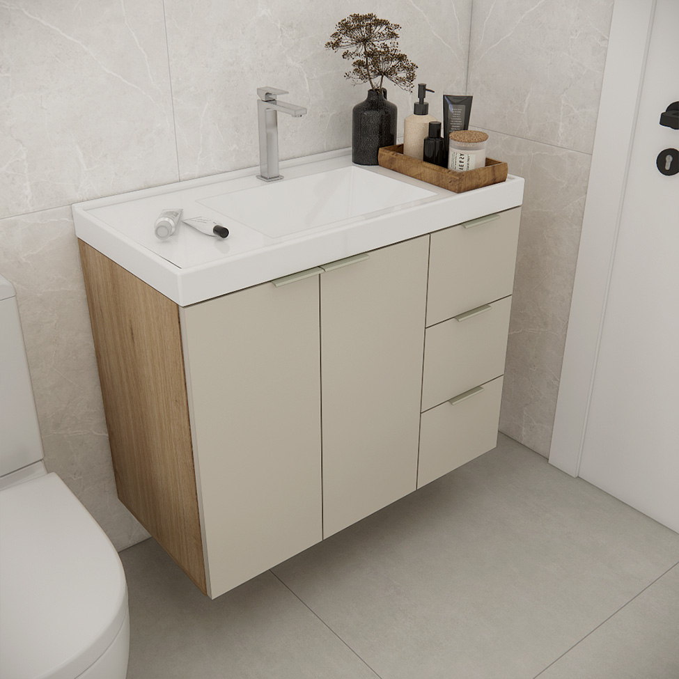 Gabinete de Banheiro Vittare 2 Portas 3 Gavetas Carvalho e Branco