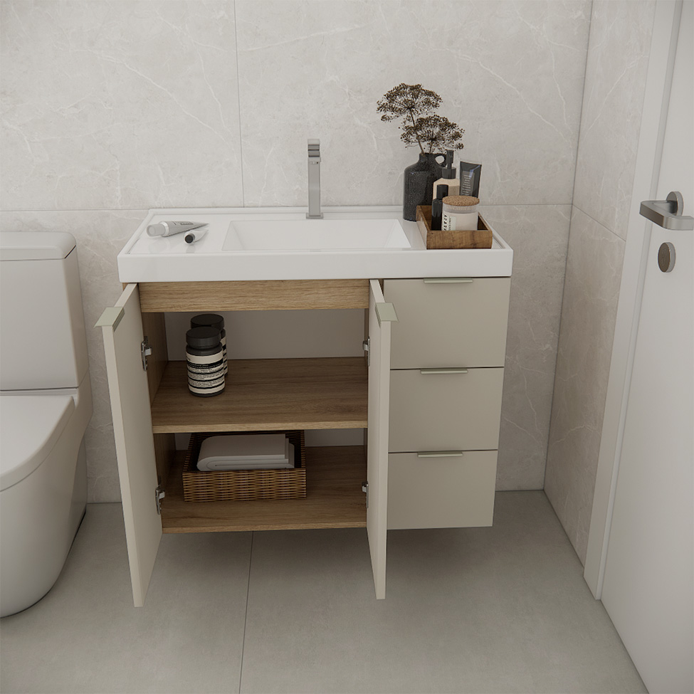 Gabinete de Banheiro Vittare 2 Portas 3 Gavetas Carvalho e Branco