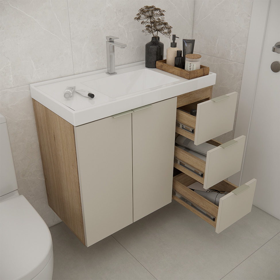 Gabinete de Banheiro Vittare 2 Portas 3 Gavetas Carvalho e Branco