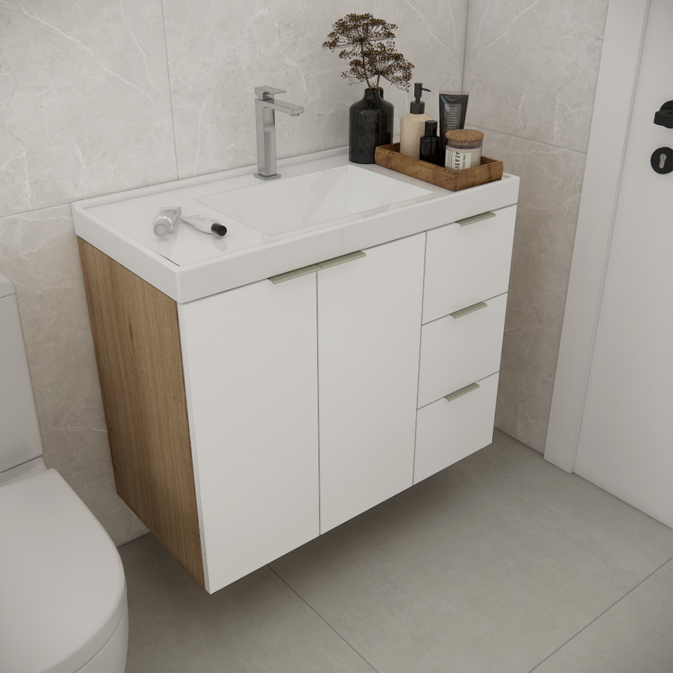 Gabinete de Banheiro Vittare 2 Portas 3 Gavetas Carvalho e Nude