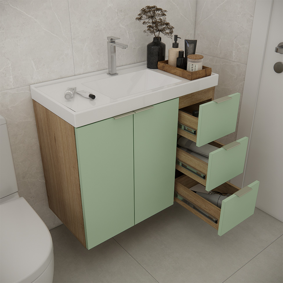 Gabinete de Banheiro Vittare 2 Portas 3 Gavetas Carvalho e Verde