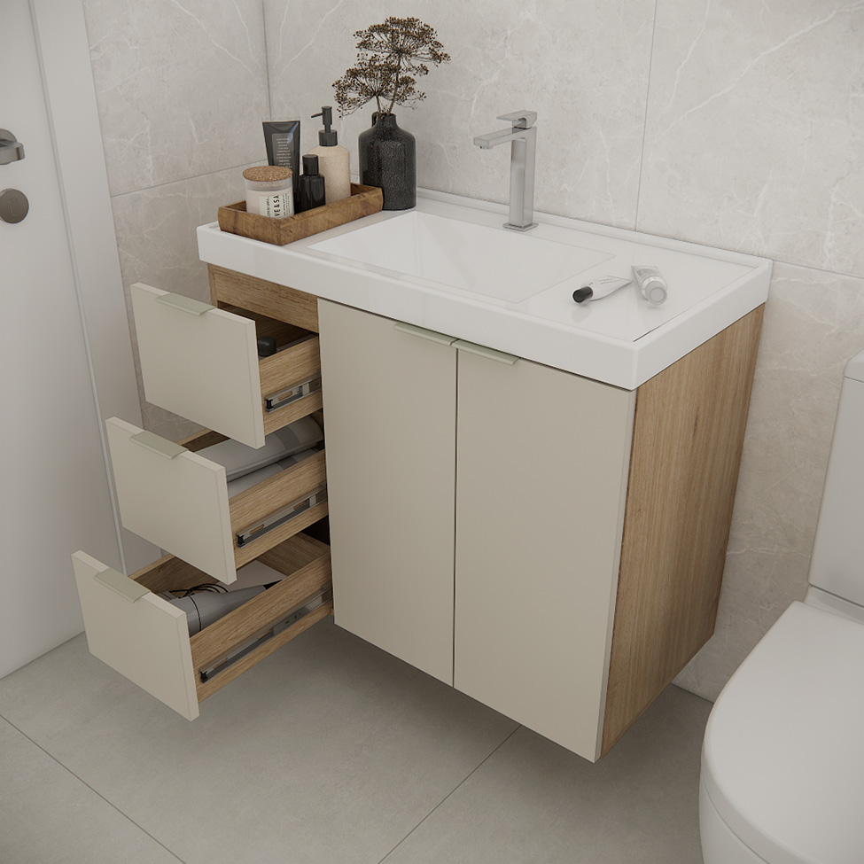 Gabinete de Banheiro Vittare I 2 Portas 3 Gavetas Carvalho e Branco