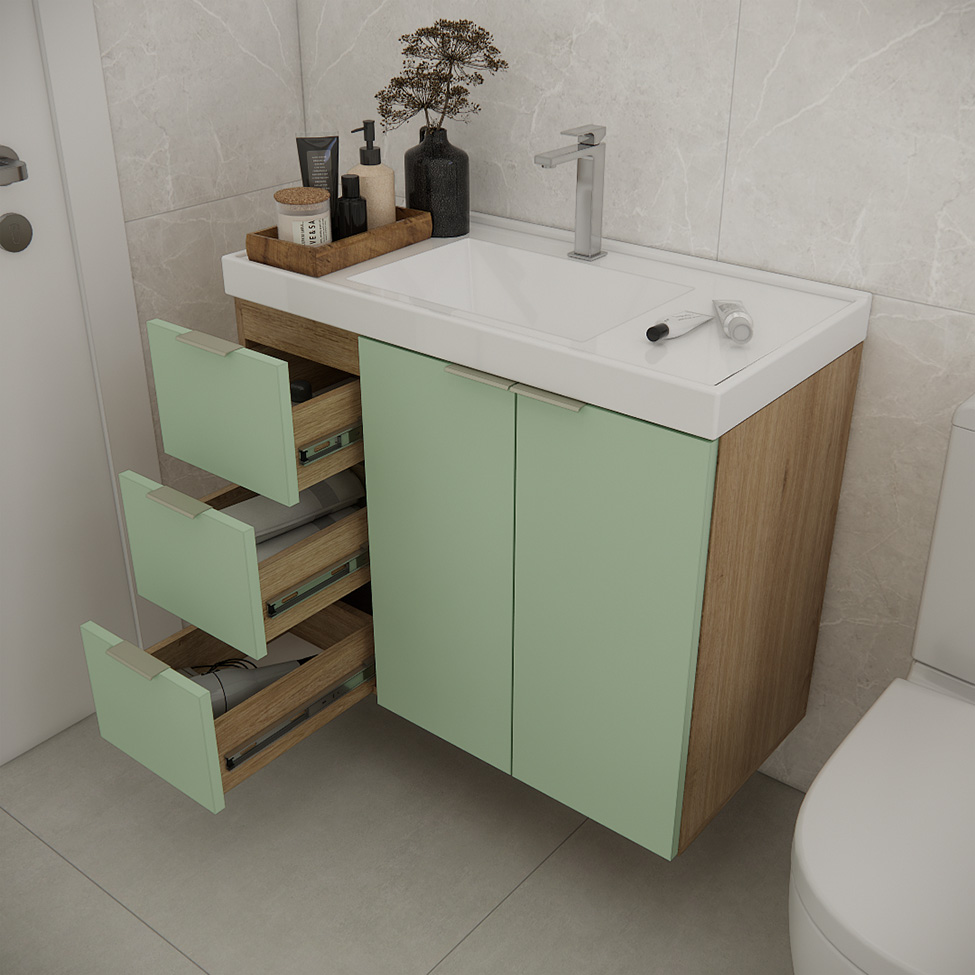 Gabinete de Banheiro Vittare I 2 Portas 3 Gavetas Carvalho e Verde