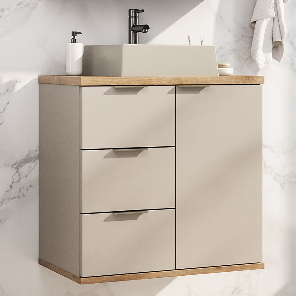 Gabinete de Banheiro com Cuba Aqua 1 Porta 3 Gavetas Nude e Carvalho