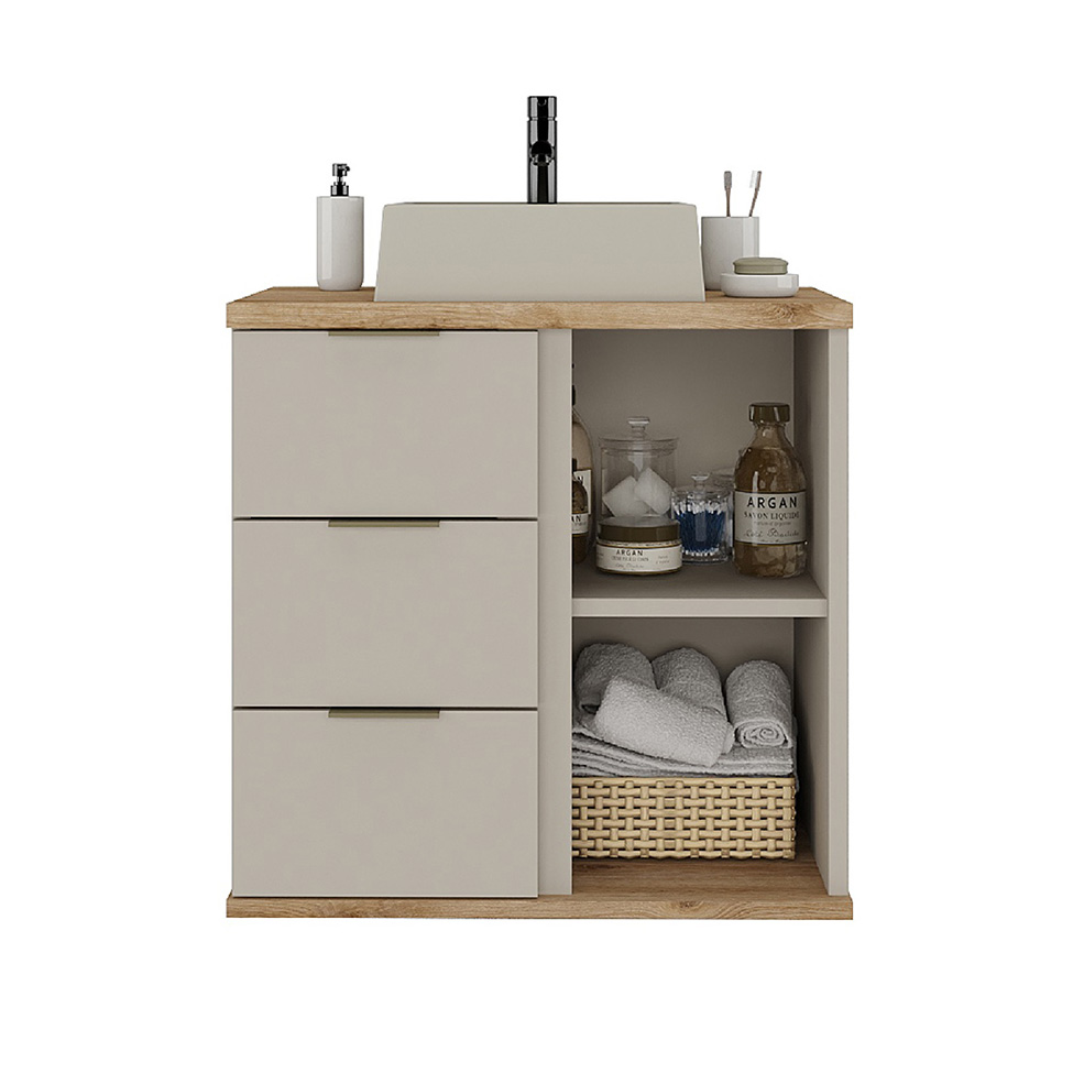 Gabinete de Banheiro com Cuba Aqua 1 Porta 3 Gavetas Nude e Carvalho