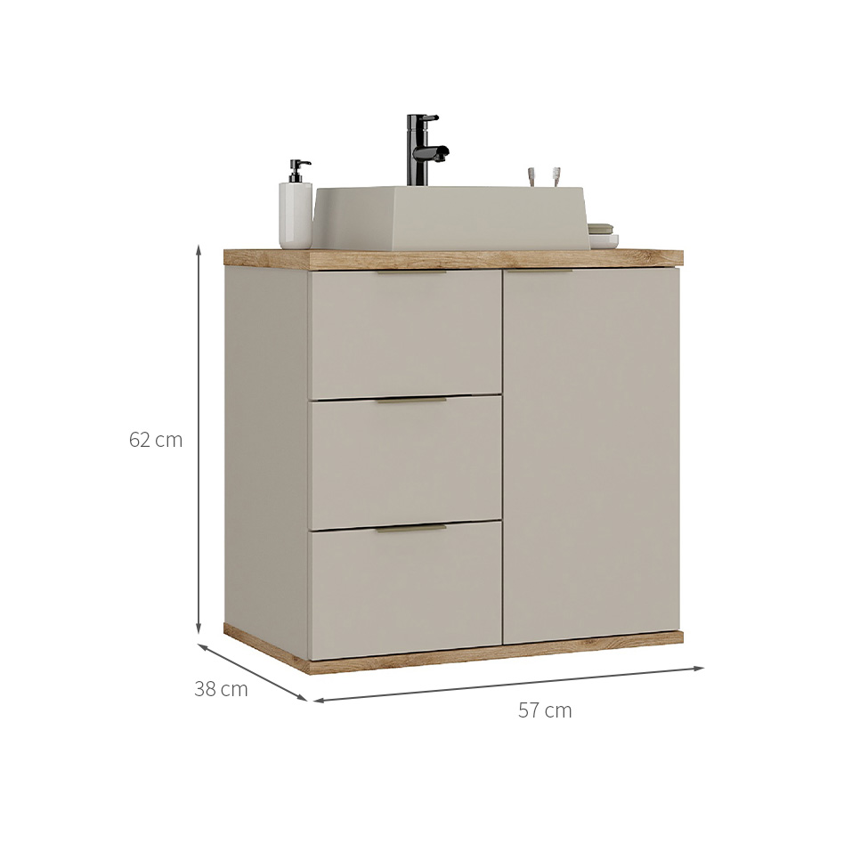 Gabinete de Banheiro com Cuba Aqua 1 Porta 3 Gavetas Nude e Carvalho
