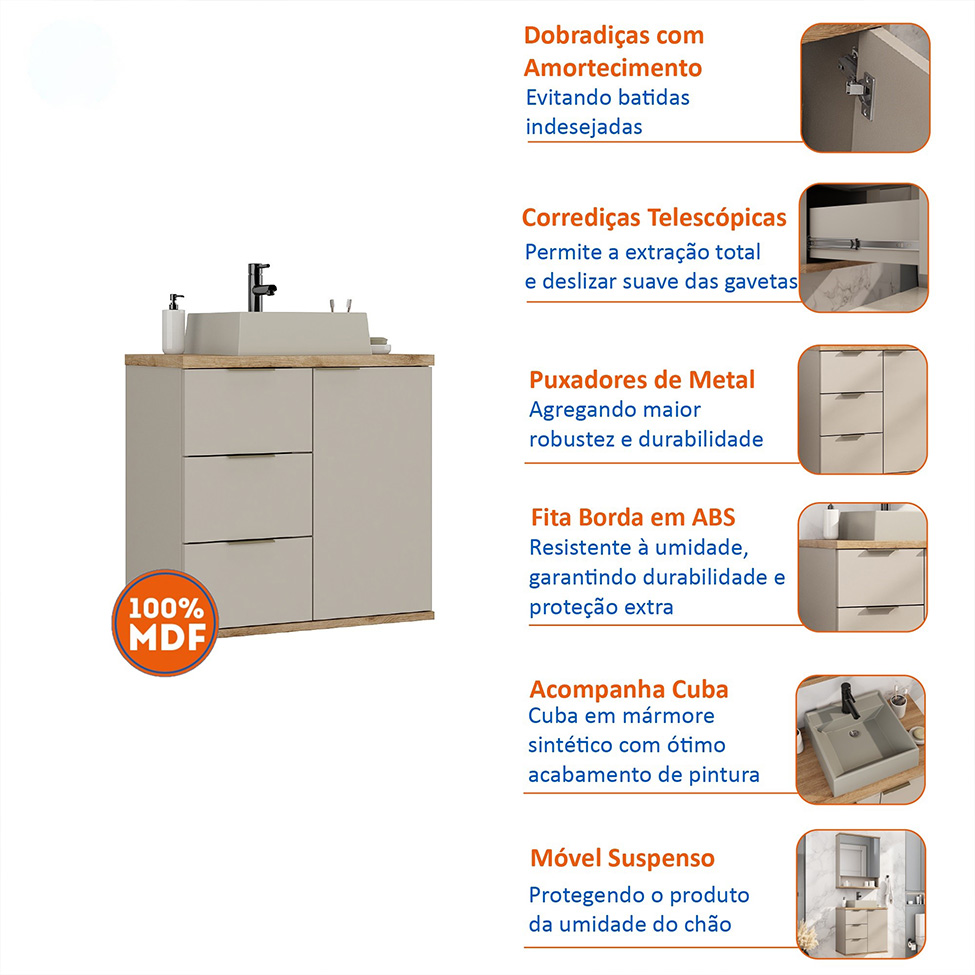 Gabinete de Banheiro com Cuba Aqua 1 Porta 3 Gavetas Nude e Carvalho