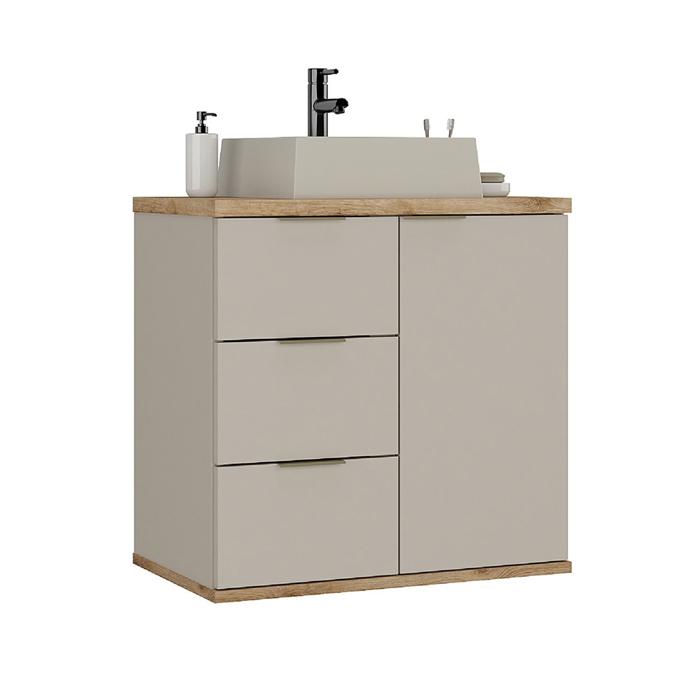 Gabinete de Banheiro com Cuba Aqua 1 Porta 3 Gavetas Nude e Carvalho