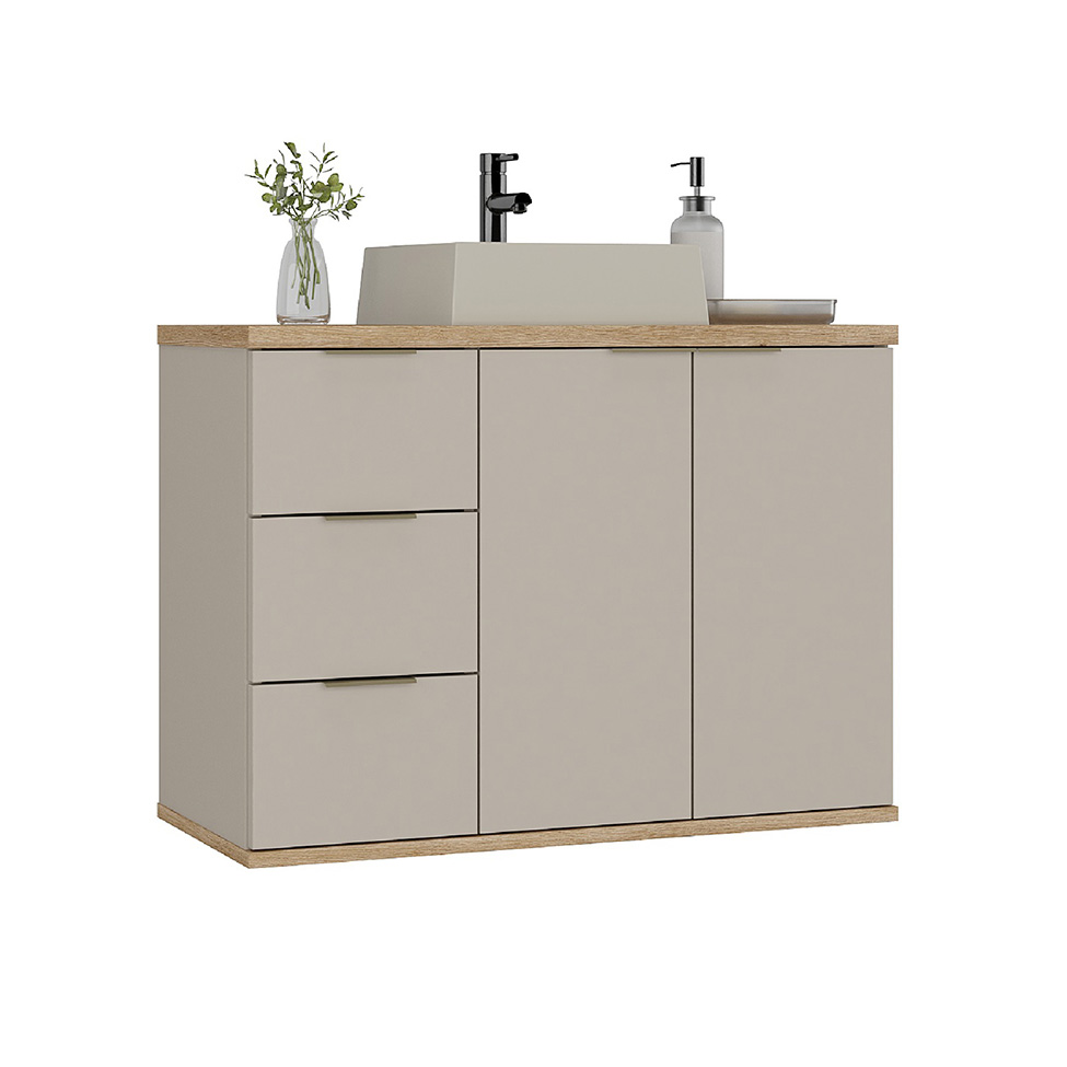 Gabinete de Banheiro com Cuba Aqua 2 Portas 3 Gavetas Nude e Carvalho