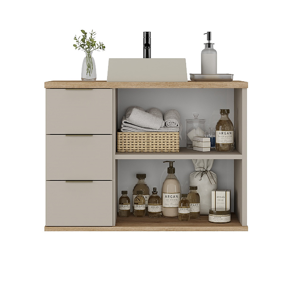 Gabinete de Banheiro com Cuba Aqua 2 Portas 3 Gavetas Nude e Carvalho