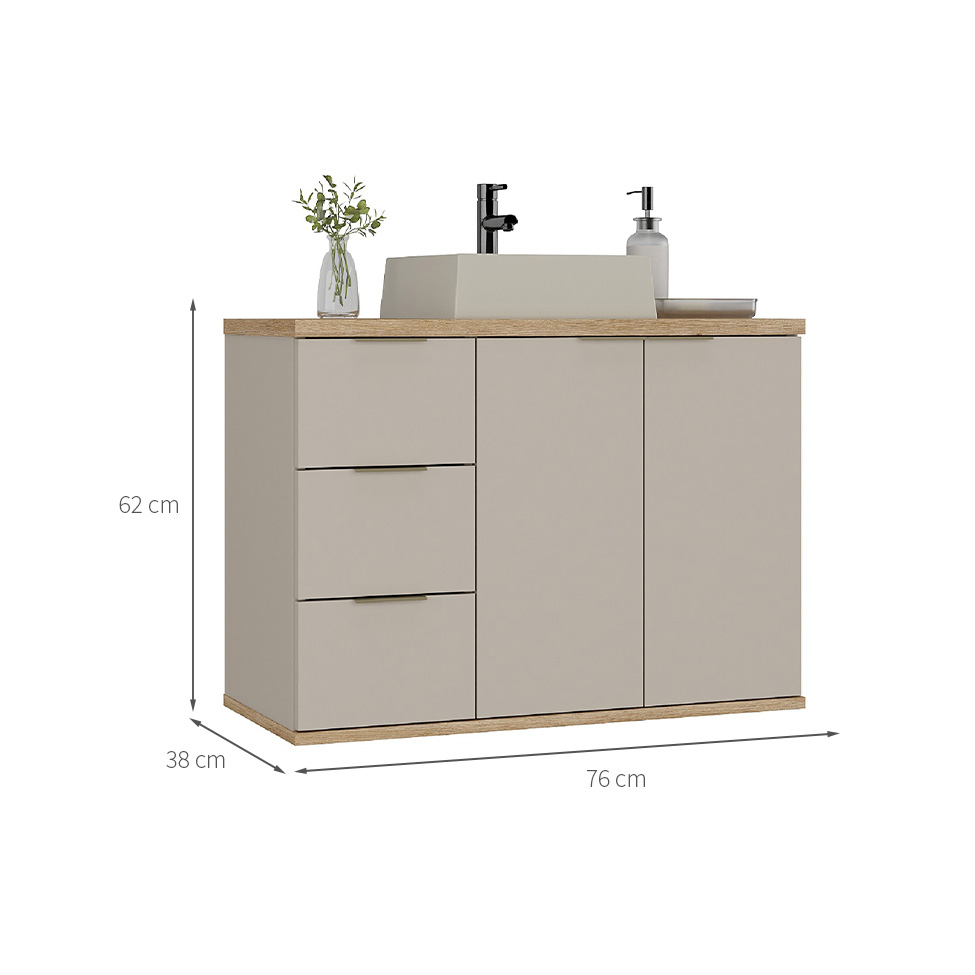 Gabinete de Banheiro com Cuba Aqua 2 Portas 3 Gavetas Nude e Carvalho