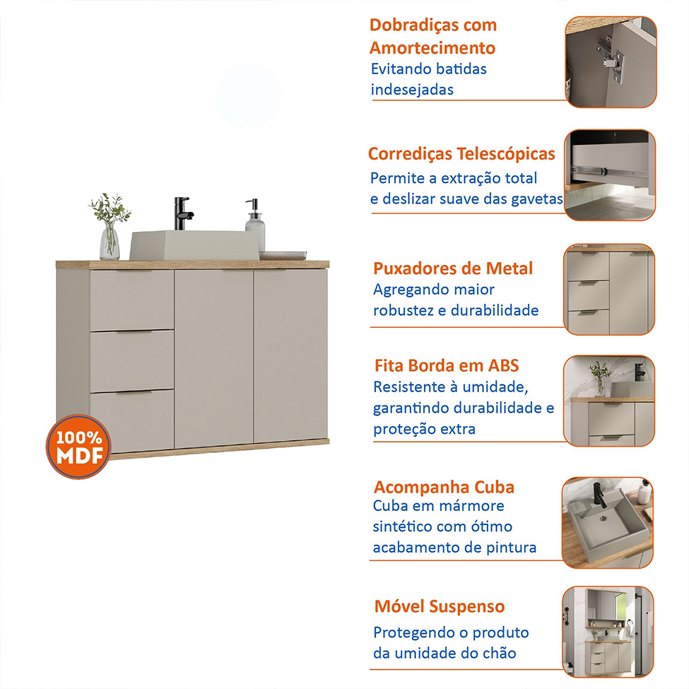 Gabinete de Banheiro com Cuba Aqua 2 Portas 3 Gavetas Nude e Carvalho