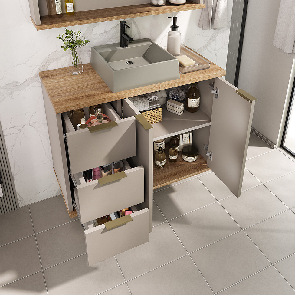 Gabinete de Banheiro com Cuba Aqua 2 Portas 3 Gavetas Nude e Carvalho