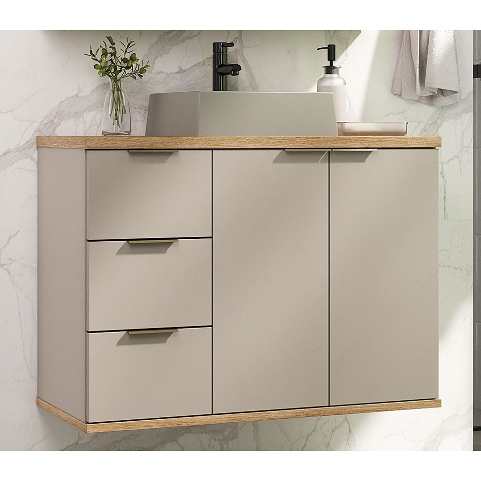 Gabinete de Banheiro com Cuba Aqua 2 Portas 3 Gavetas Nude e Carvalho