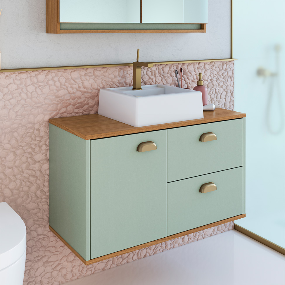 Gabinete de Banheiro com Cuba Livia 1 Porta 2 Gavetas Freijó e Moscatel