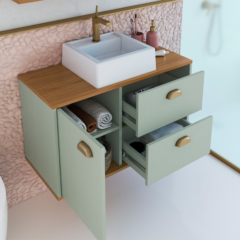 Gabinete de Banheiro com Cuba Livia 1 Porta 2 Gavetas Freijó e Moscatel