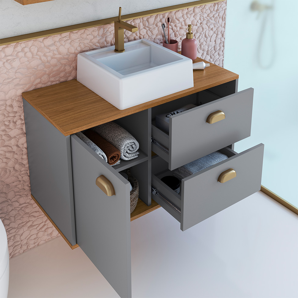 Gabinete de Banheiro com Cuba Livia 1 Porta 2 Gavetas Freijó e Urbi