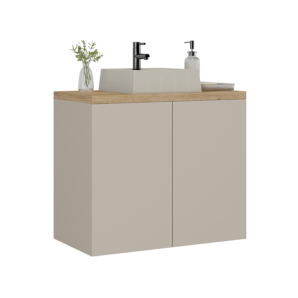 Gabinete de Banheiro com Cuba Nature 2 Portas Nude e Carvalho 75 cm