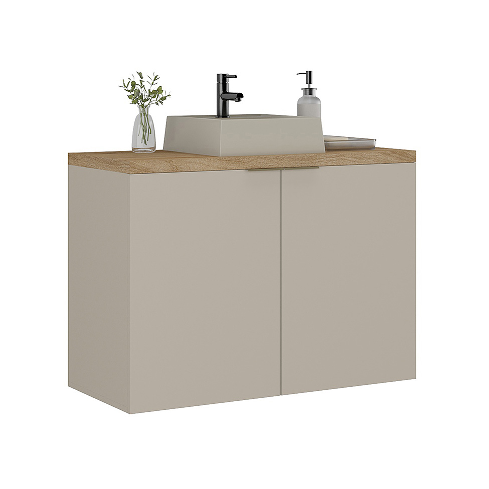 Gabinete de Banheiro com Cuba Nature 2 Portas Nude e Carvalho 90 cm