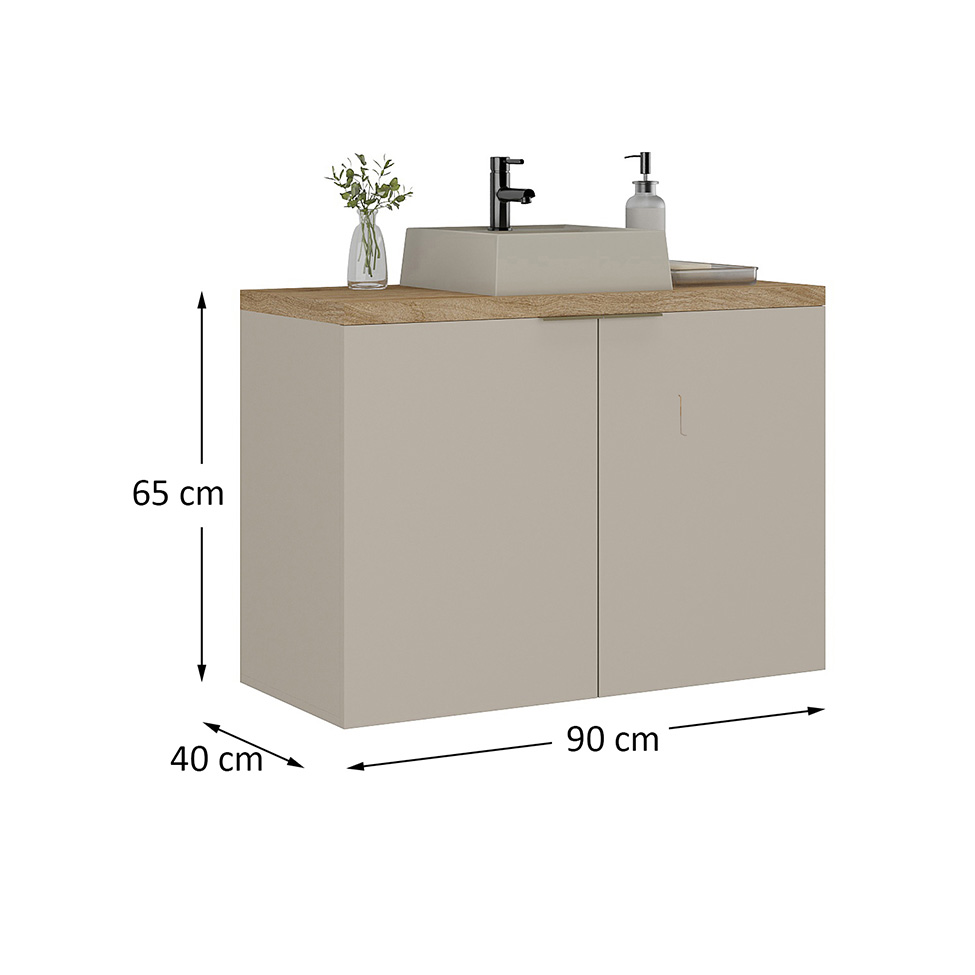Gabinete de Banheiro com Cuba Nature 2 Portas Nude e Carvalho 90 cm
