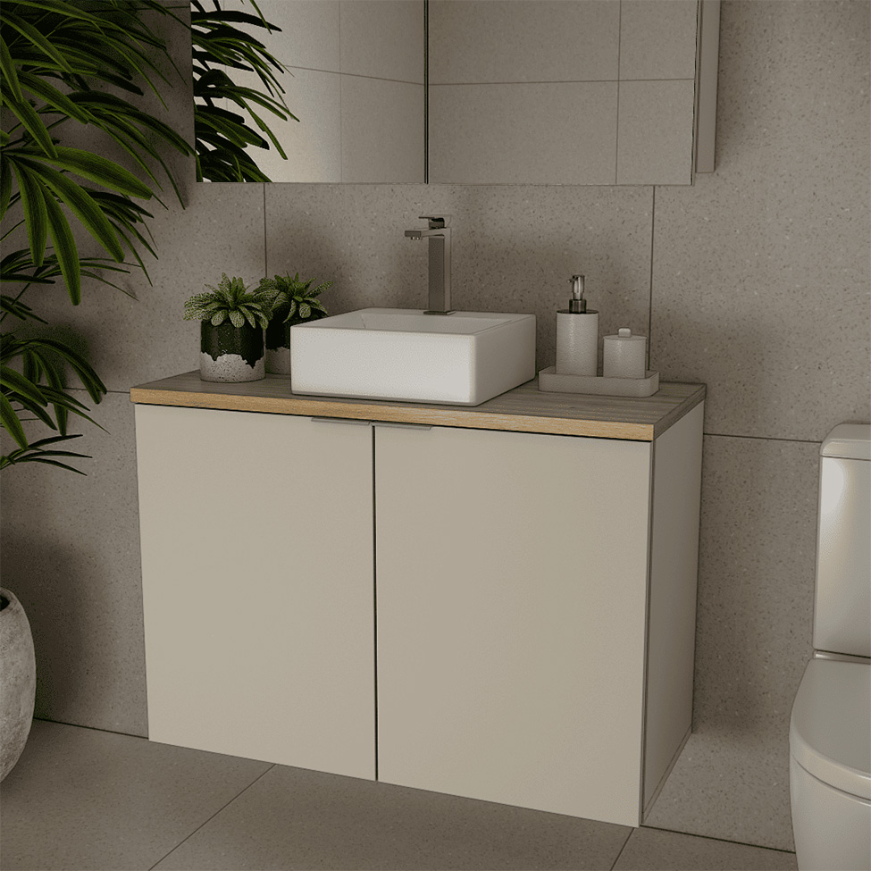 Gabinete de Banheiro com Cuba Nature 2 Portas Nude e Carvalho 90 cm
