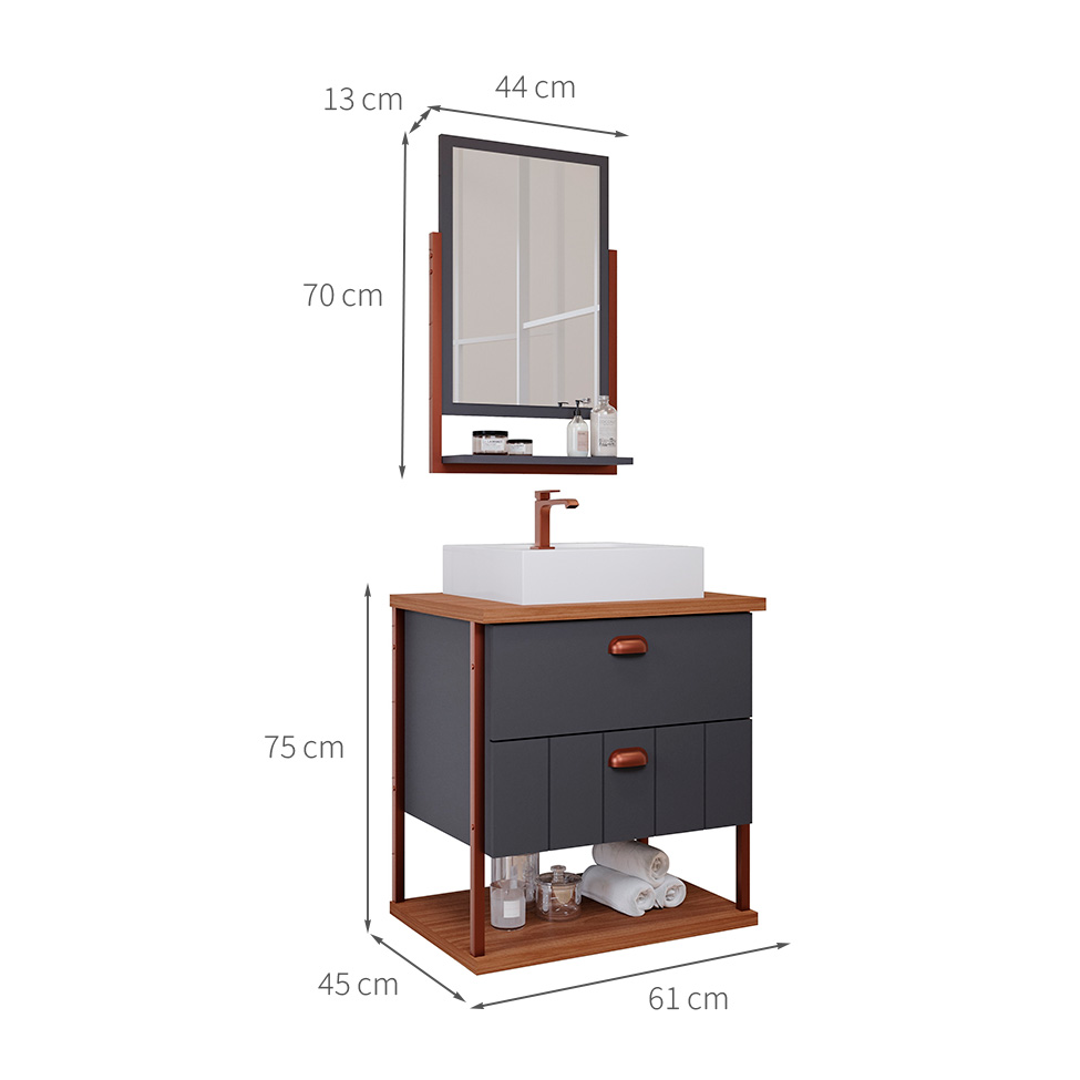 Gabinete de Banheiro com Espelheira Uni 2 GV Titanium e Freijó