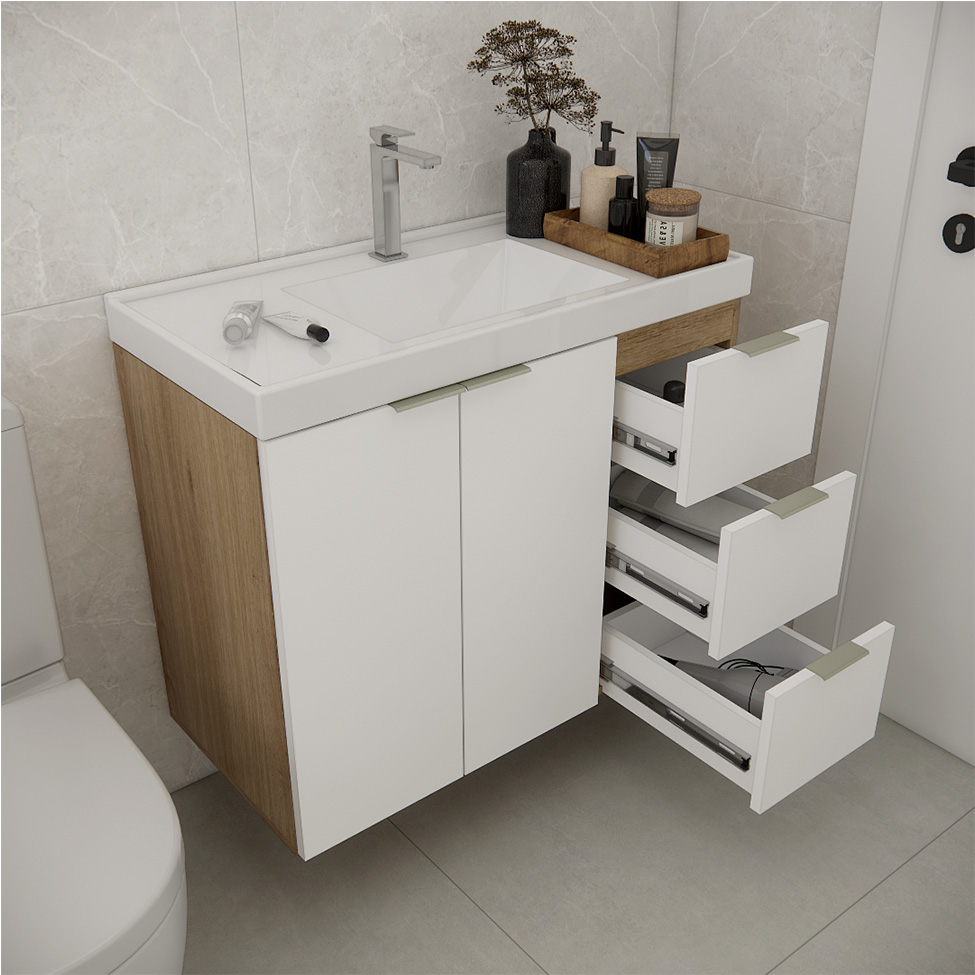 Gabinete de Banheiro com Pia Vittare 2 Portas 3 Gavetas Carvalho e Nude