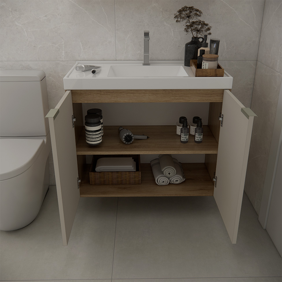 Gabinete de Banheiro com Pia Vittare 2 Portas Carvalho e Branco