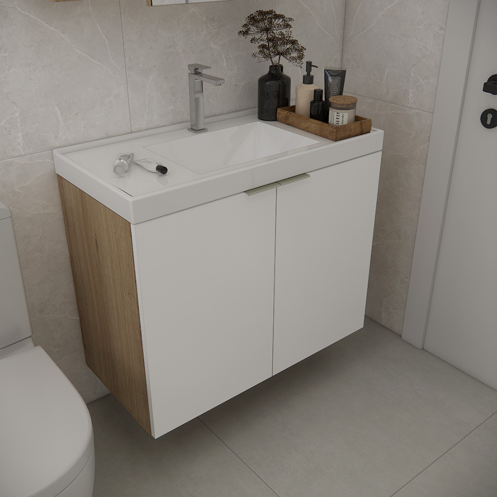 Gabinete de Banheiro com Pia Vittare 2 Portas Carvalho e Nude