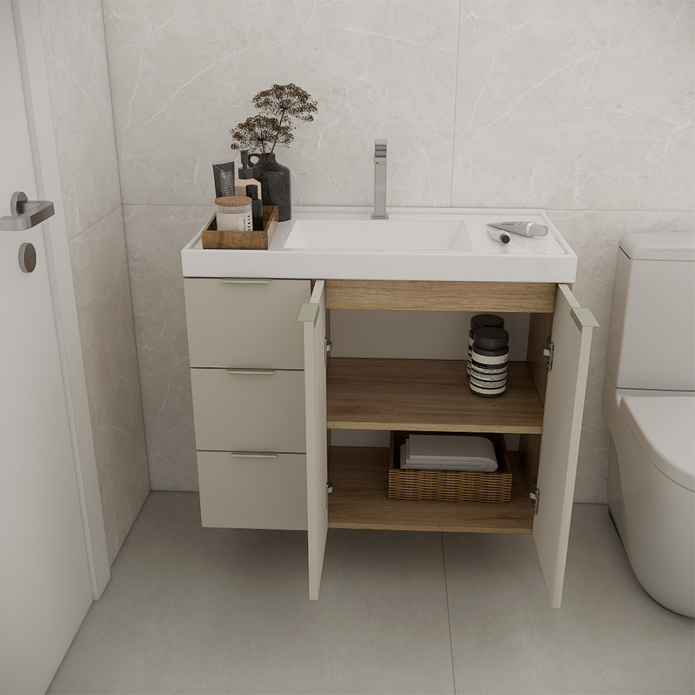 Gabinete de Banheiro com Pia Vittare I 2 Portas 3 Gavetas Carvalho e Branco