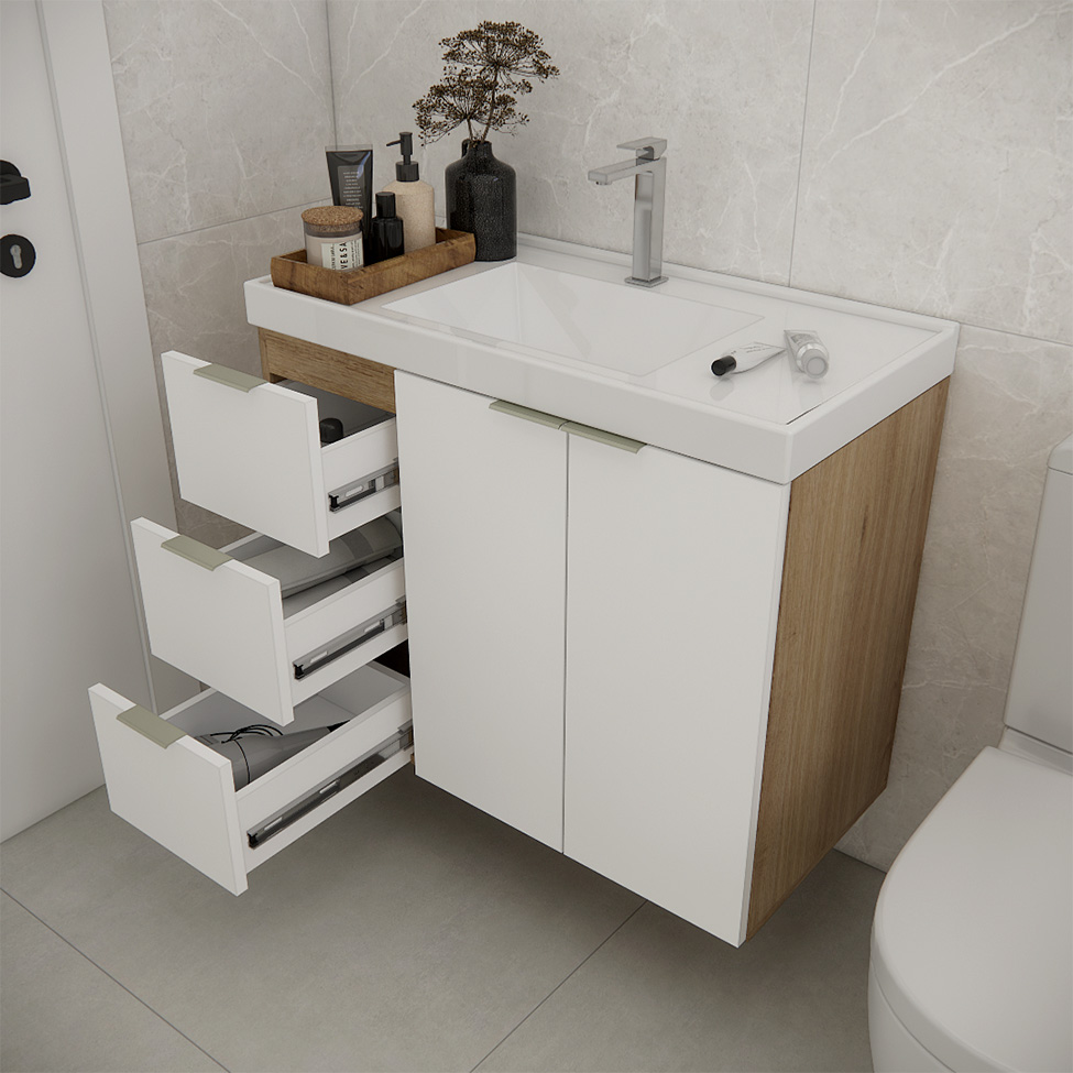 Gabinete de Banheiro com Pia Vittare I 2 Portas 3 Gavetas Carvalho e Nude