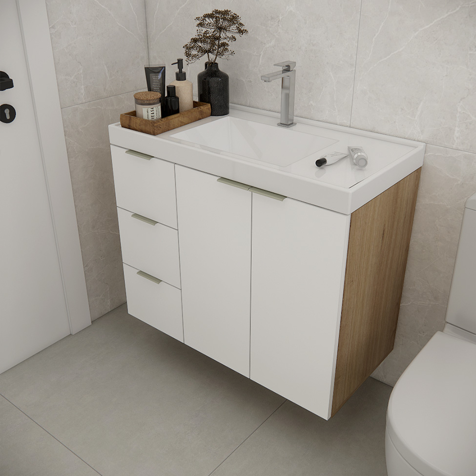 Gabinete de Banheiro com Pia Vittare I 2 Portas 3 Gavetas Carvalho e Nude