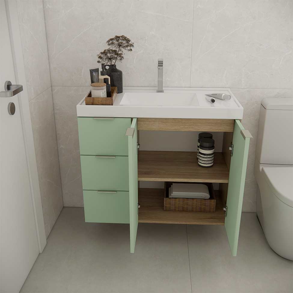 Gabinete de Banheiro com Pia Vittare I 2 Portas 3 Gavetas Carvalho e Verde