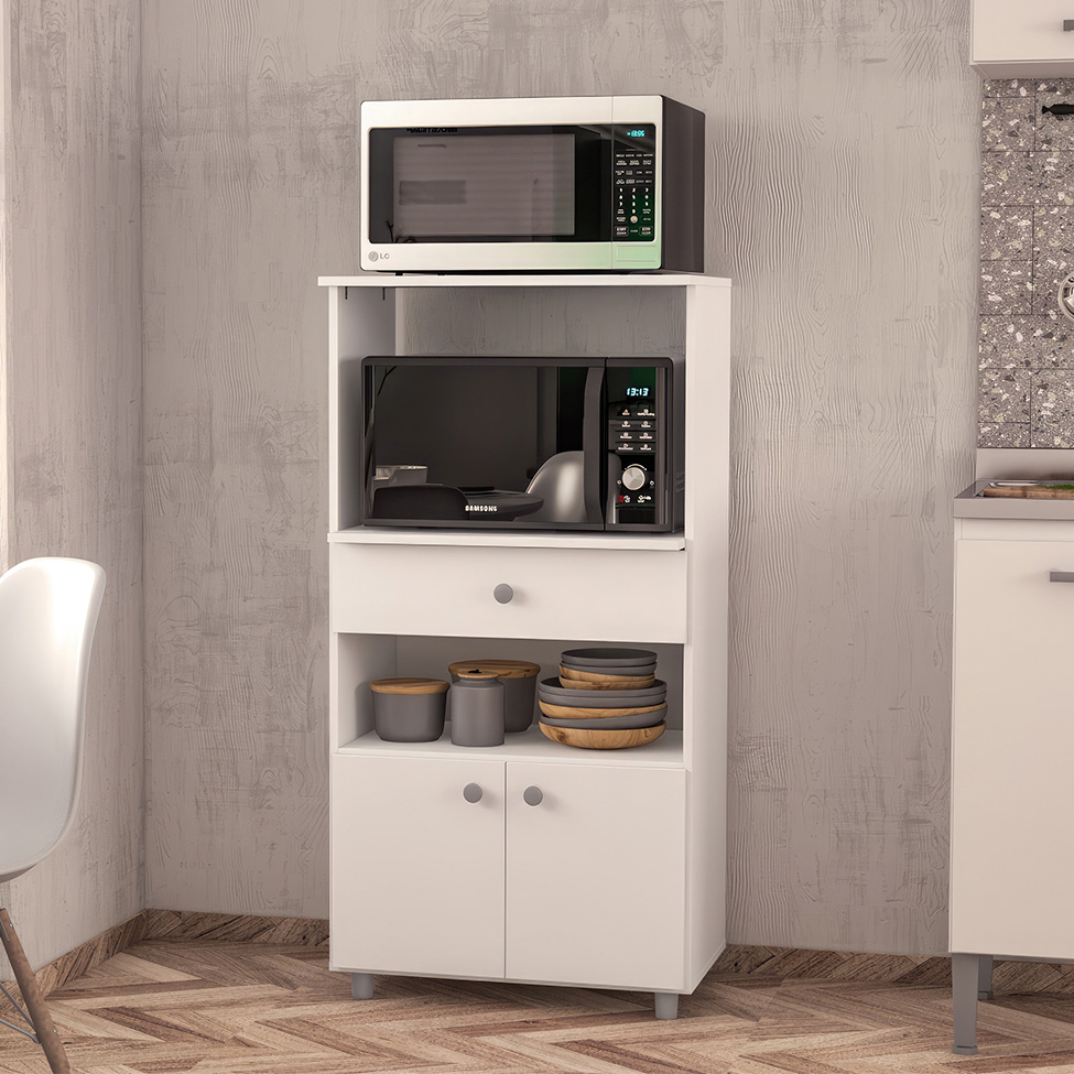 Gabinete de Cozinha para Microondas Hortência 2 Portas 1 Gaveta Branco