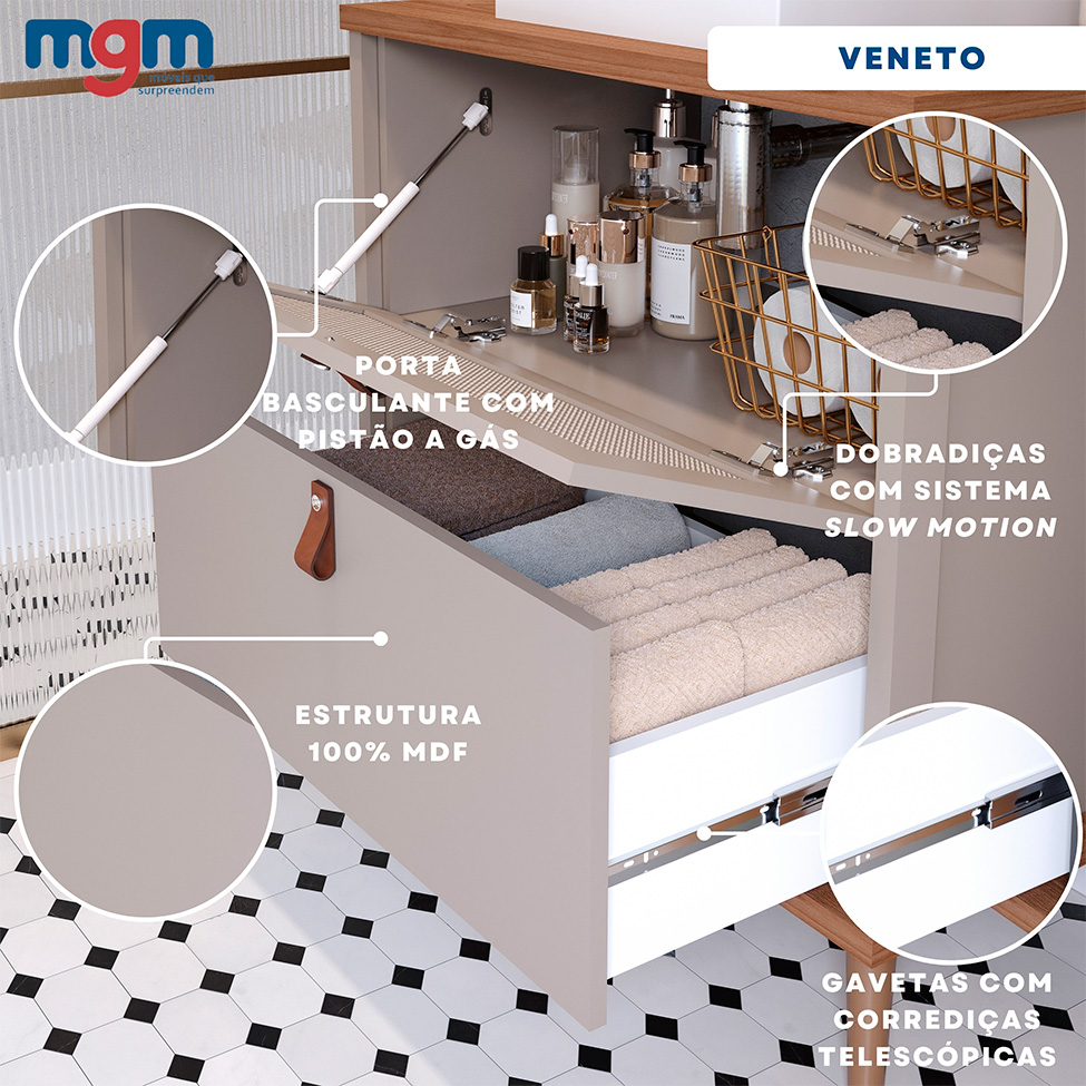 Gabinete para Banheiro Veneto 1 PT 1 GV Capuccino e Freijó 80 cm