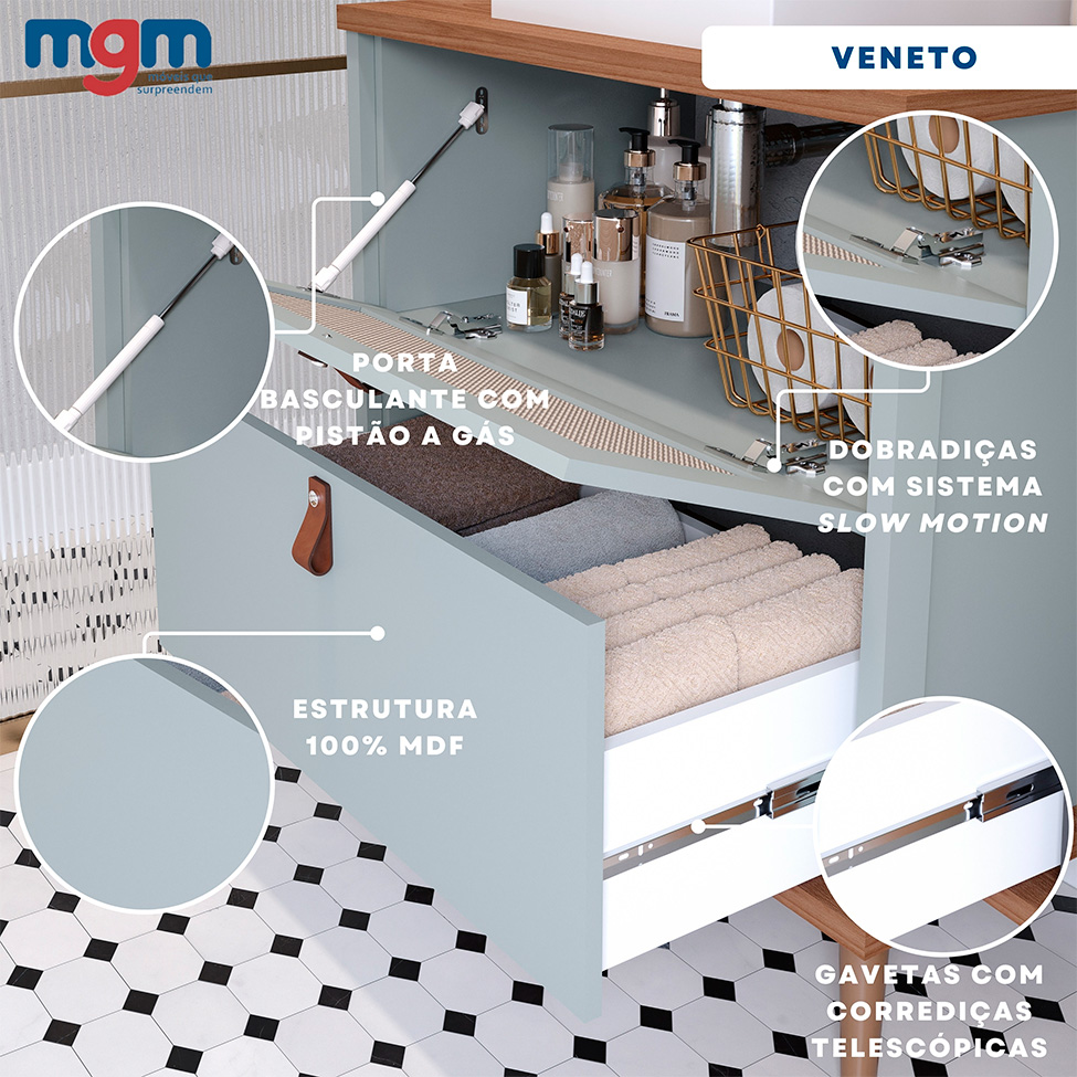 Gabinete para Banheiro Veneto 1 PT 1 GV Pistache e Freijó 61 cm