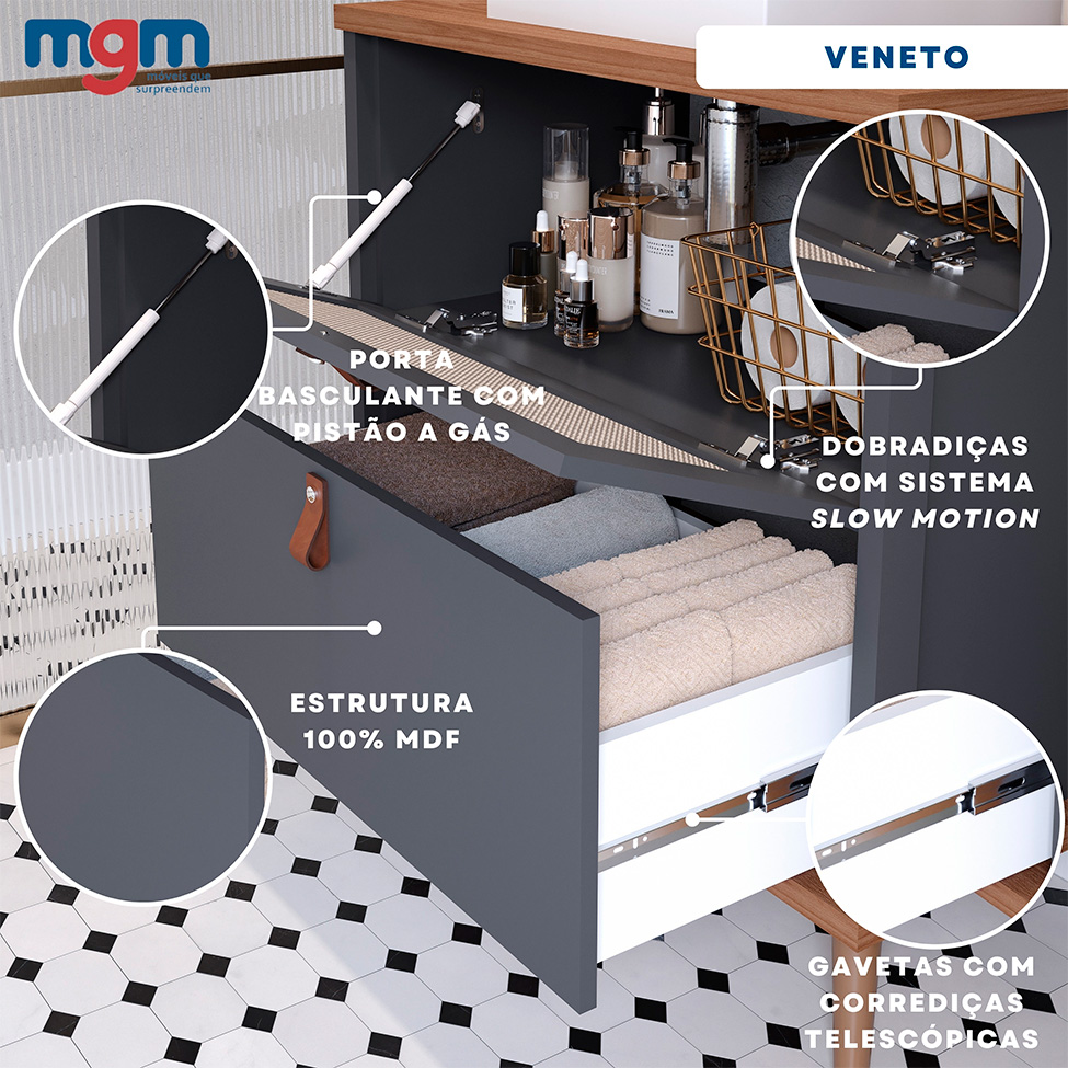 Gabinete para Banheiro Veneto 1 PT 1 GV Titanium e Freijó 80 cm