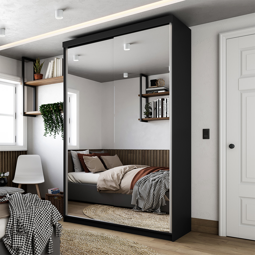 Gaurda-Roupa Solteiro com 2 Espelhos Geneve 100% MDF 2 Portas 2 Gavetas Preto