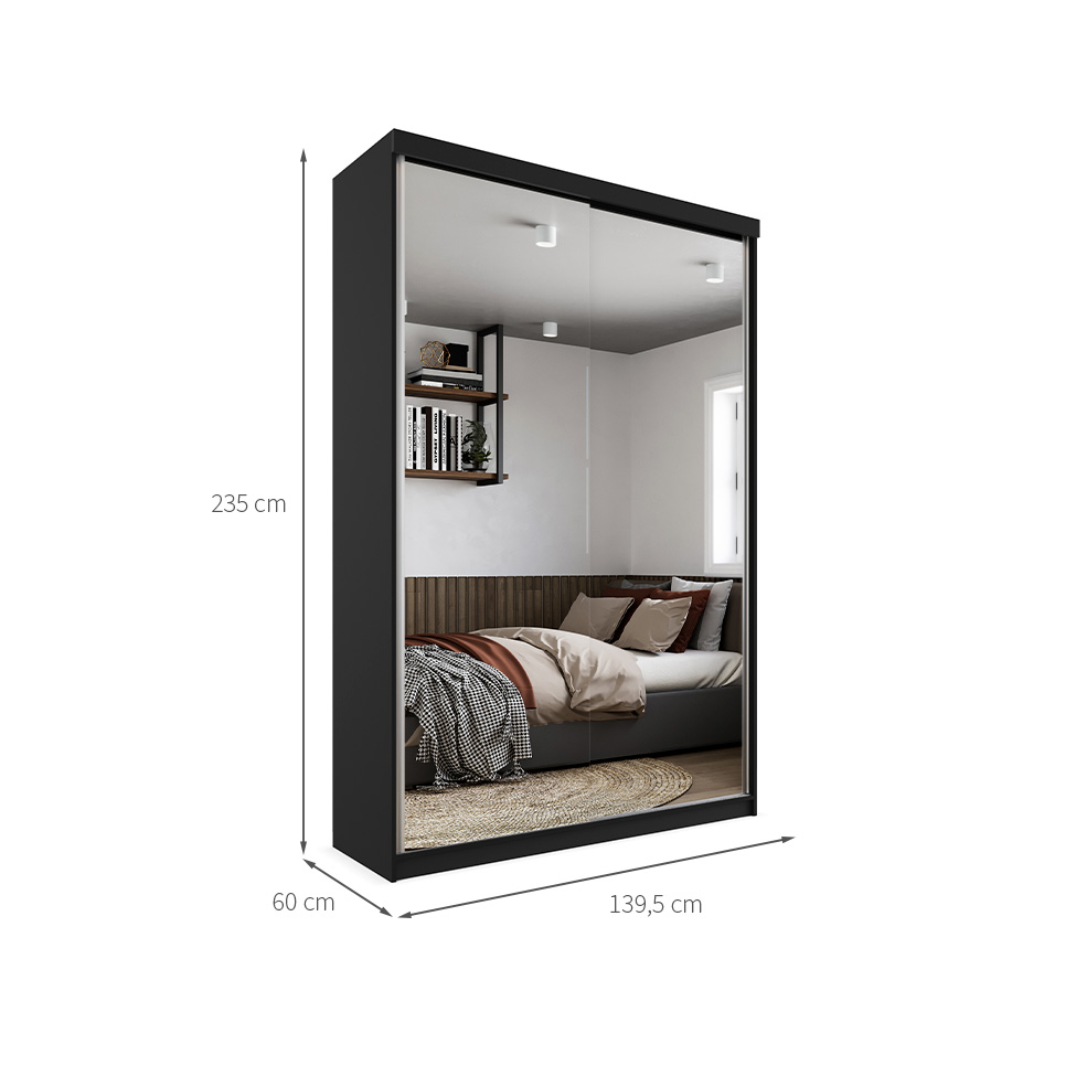Gaurda-Roupa Solteiro com 2 Espelhos Geneve 100% MDF 2 Portas 2 Gavetas Preto