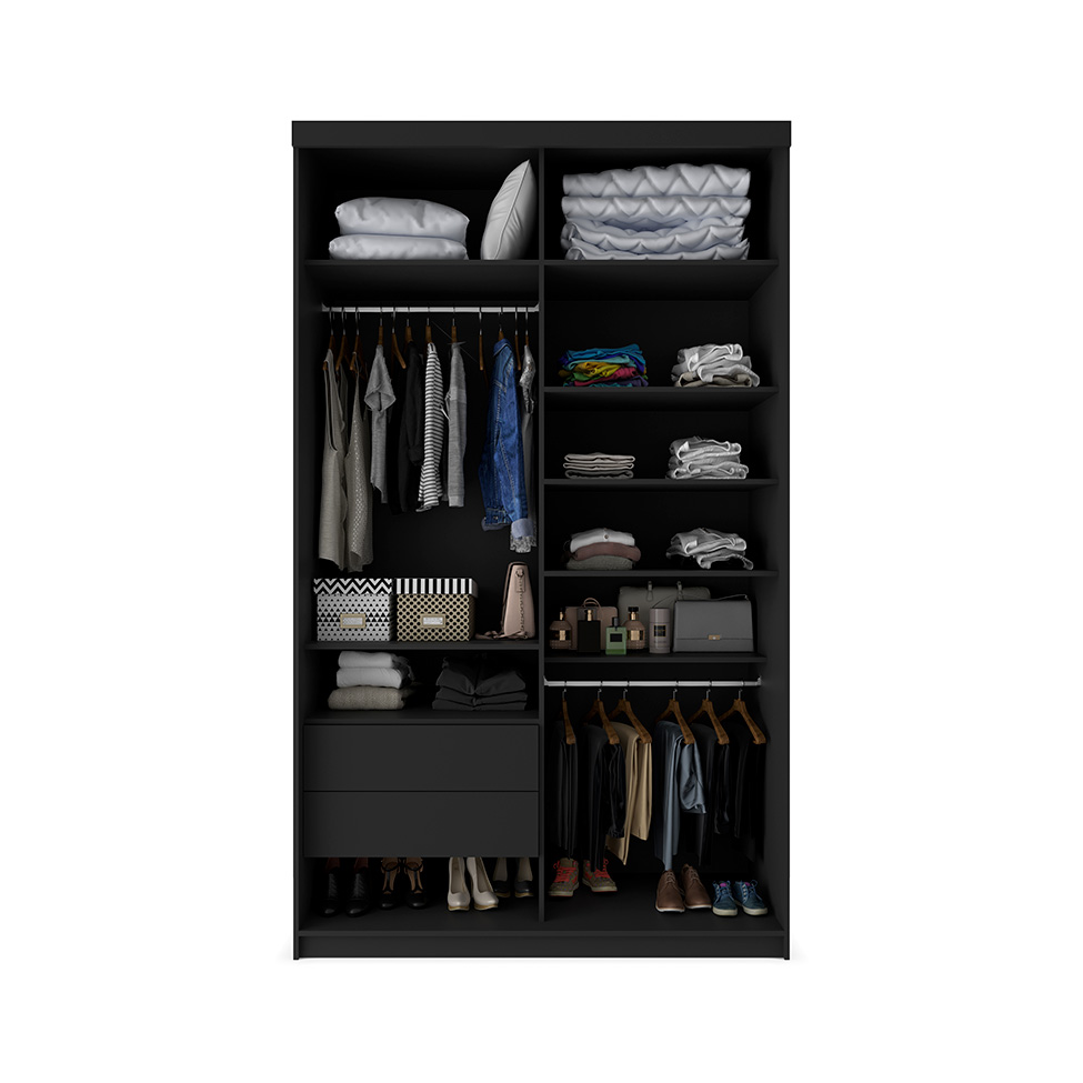 Gaurda-Roupa Solteiro com 2 Espelhos Geneve 100% MDF 2 Portas 2 Gavetas Preto