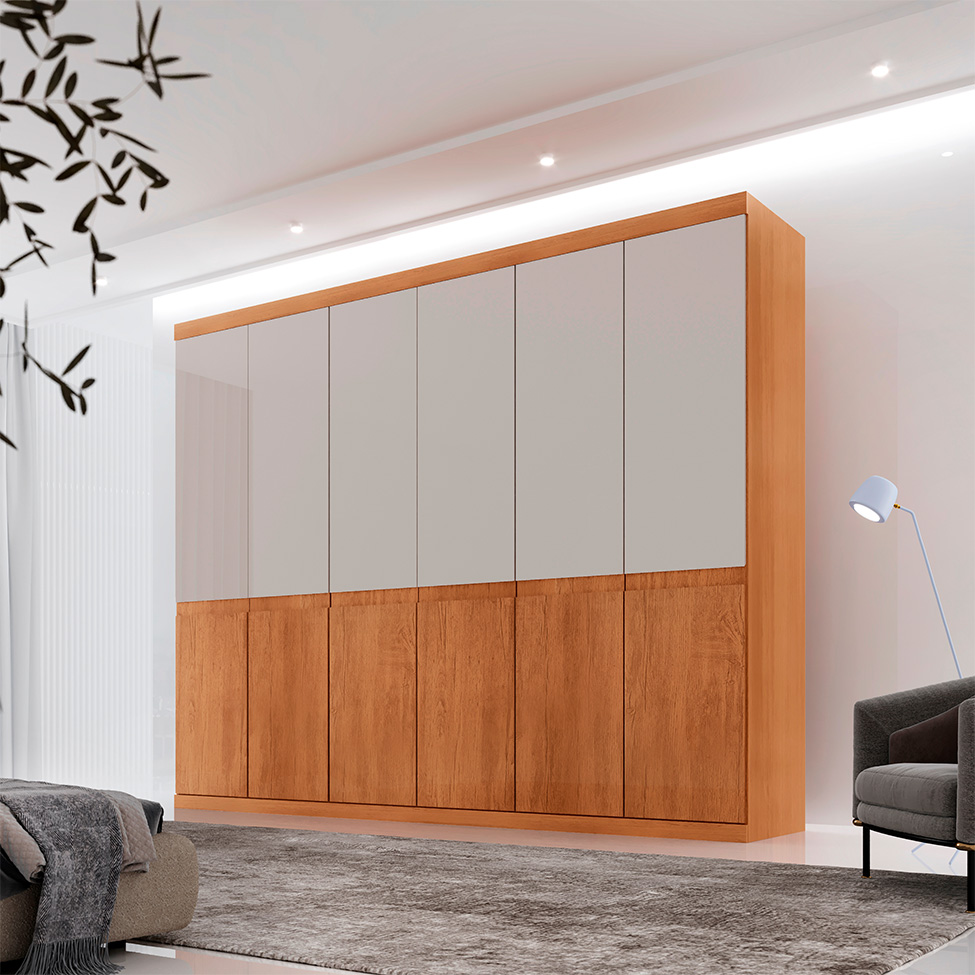 Guarda-Roupa Casal 100% MDF Bipartido Alonzo 6 Portas 4 Gavetas Naturale e Off White